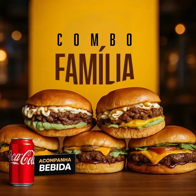 COMBO FAMÍLIA 5 Lanches Artesanais + 5 Refrigerantes + 5 Porções de Fritas