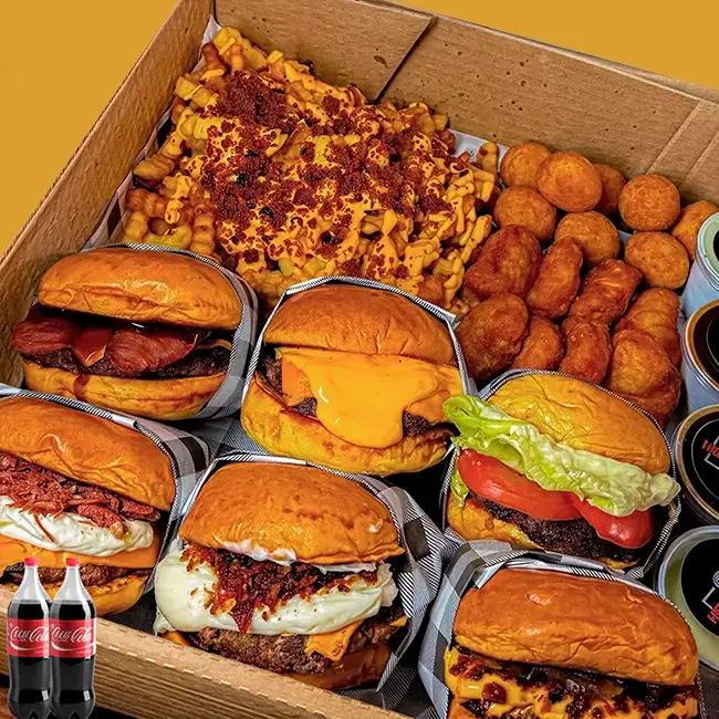 FESTA EM CASA – 6x Burgers Artesanais + 500g Batata + 500g Nuggets + 2x Refrigerante 2L + 4 Molhos da Casa